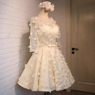 A Line Floral Short Round Neck 3/4 Sleeves Homecoming Dresses DMD4