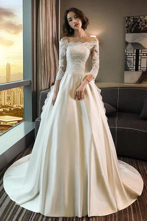 Modest 3/4 Sleeve Off the Shoulder A Line Lace Wedding Dress DM642