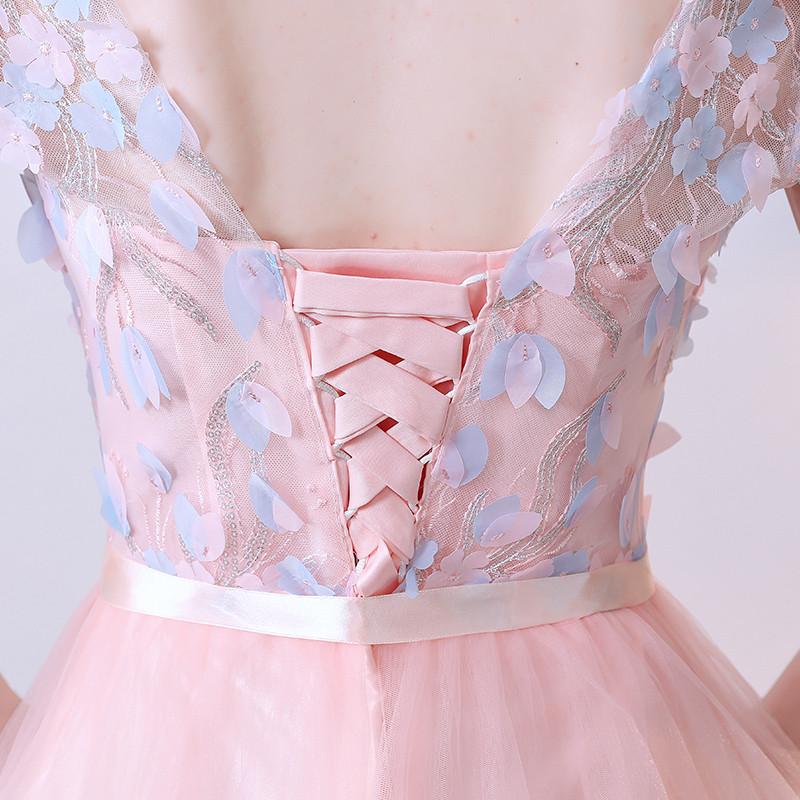Pink A Line Tulle Cap Sleeves Short Homecoming Dresses With Flowers DMC59