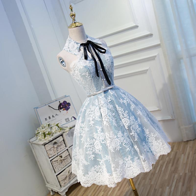 A Line Lace Appliques Halter Homecoming Dresses, Short Party Dress DMN56
