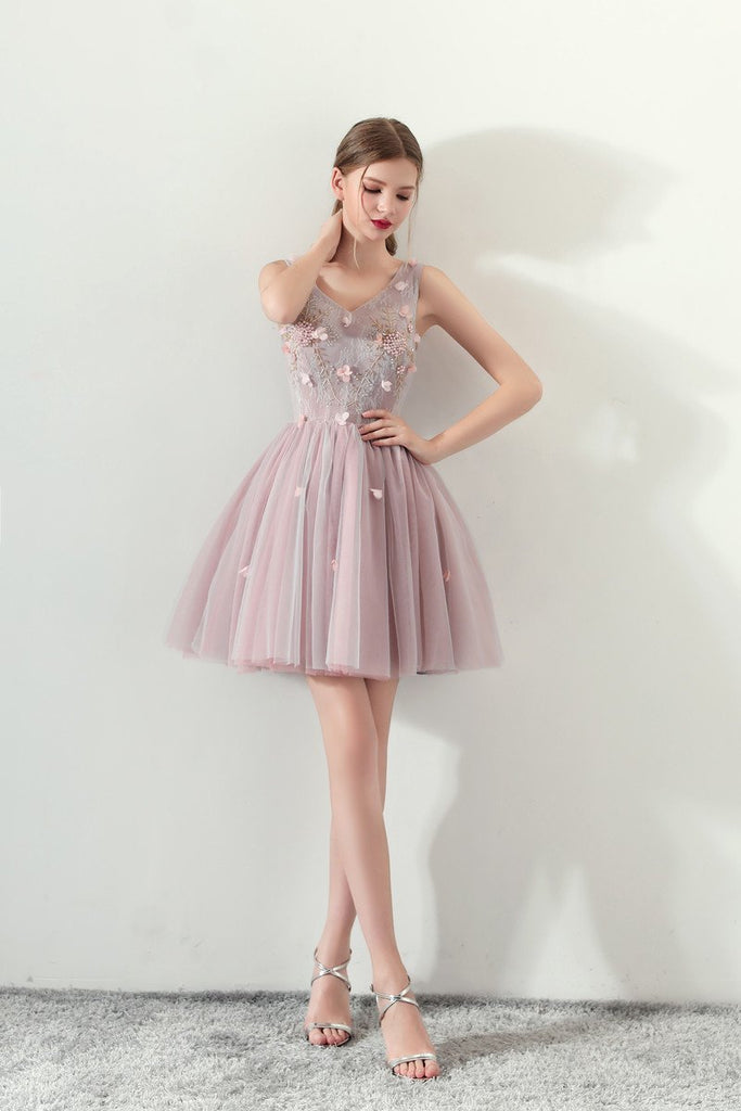 A Line V Neck Flowers Short Homecoming Dresses,Graduation Dress DMC62