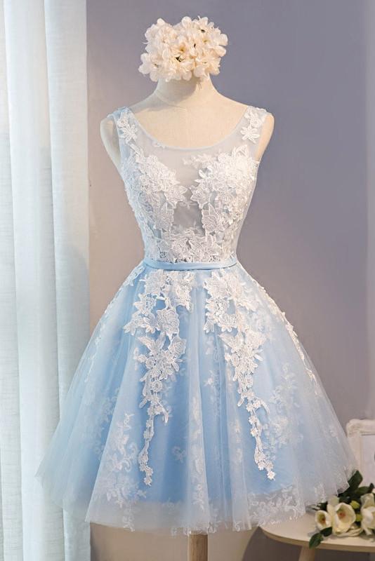 A Line Lace Appliques Round Neck Sky Blue Short Homecoming Dresses DMD7