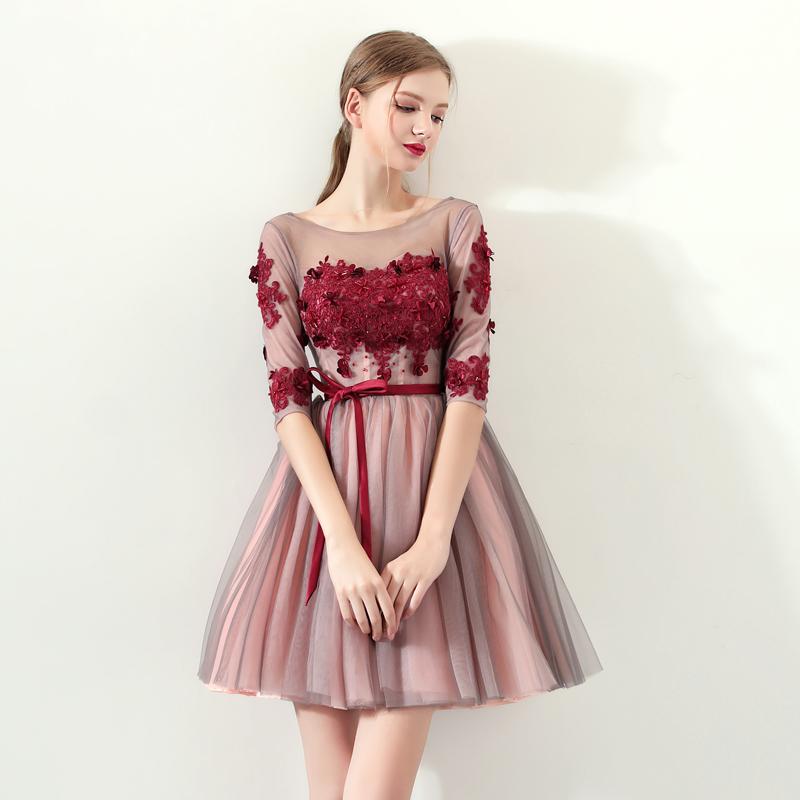 A Line Red Flowers Half Sleeves Homecoming Dresses, Short Appliques Prom Dress DMN61