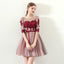 A Line Red Flowers Half Sleeves Homecoming Dresses, Short Appliques Prom Dress DMN61