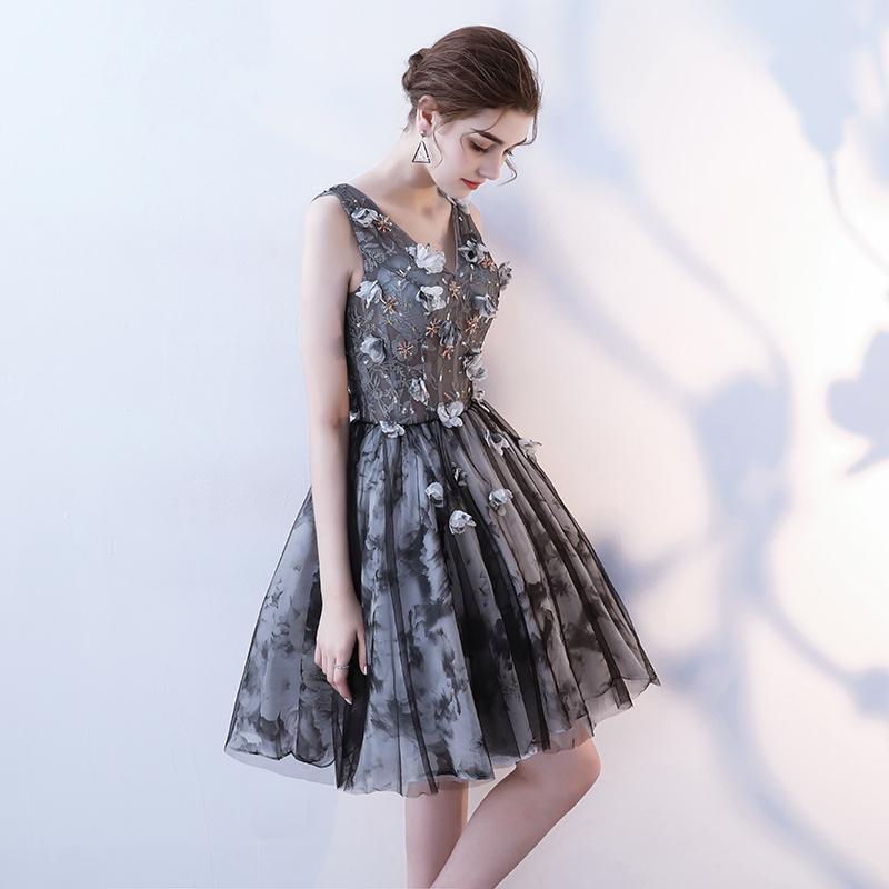 V Neck A Line Flowers Homecoming Dresses, Short Grey Prom Dress DMN60