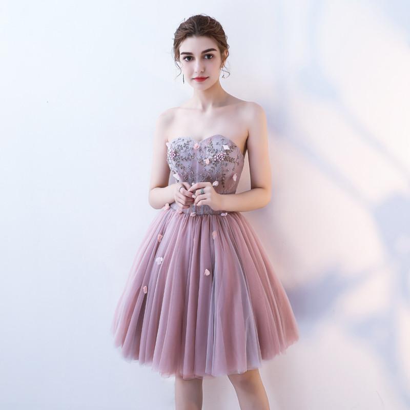 A Line Strapless Flowers Short Tulle Homecoming Dresses,Cocktail Dress DMC64