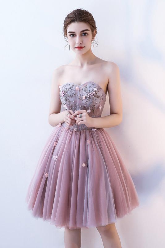 A Line Strapless Flowers Short Tulle Homecoming Dresses,Cocktail Dress DMC64