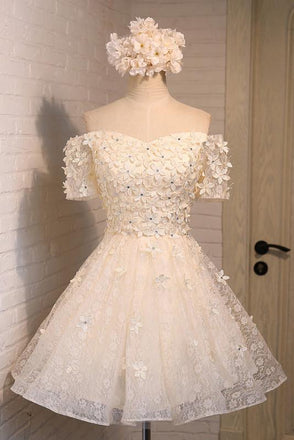 Off the Shoulder A Line Lace Appliques Short Homecoming Dresses DMD5