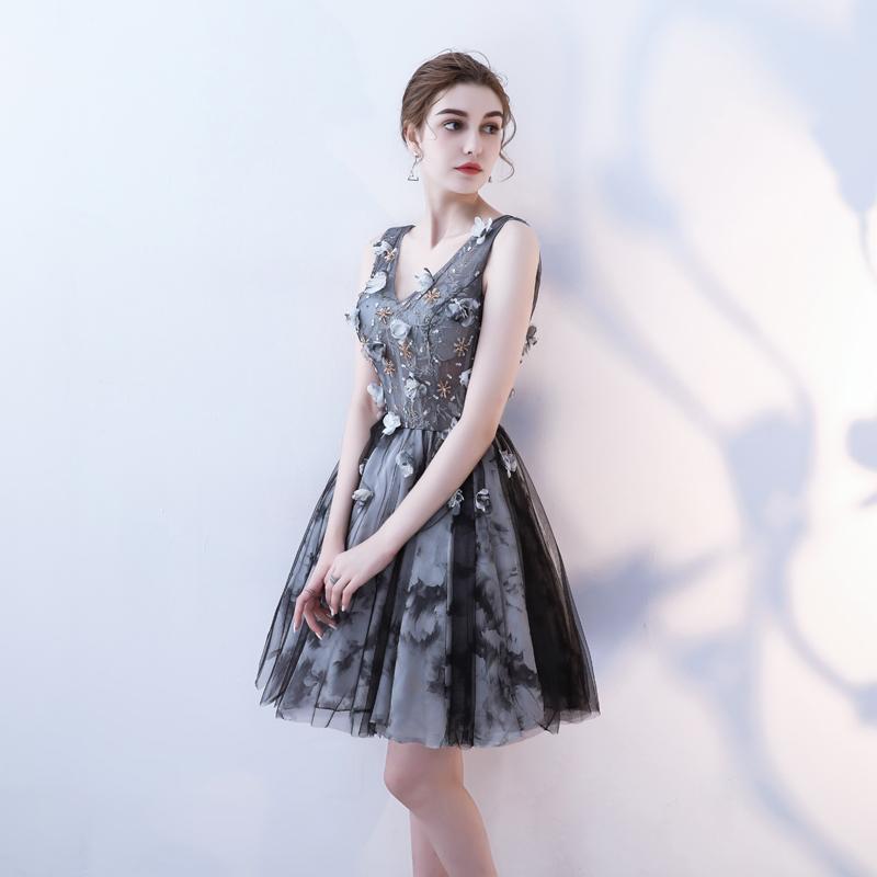 V Neck A Line Flowers Homecoming Dresses, Short Grey Prom Dress DMN60