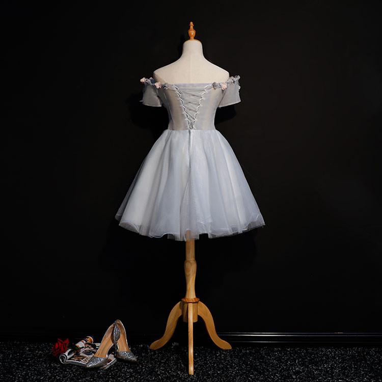 Cute Gray Off the Shoulder Floral Appliques A Line Tulle Homecoming Dresses DMC58