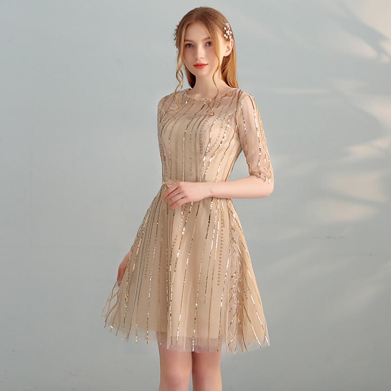 Gold Sequins A Line Short Tulle Half Sleeves Homecoming Dresses DMC98