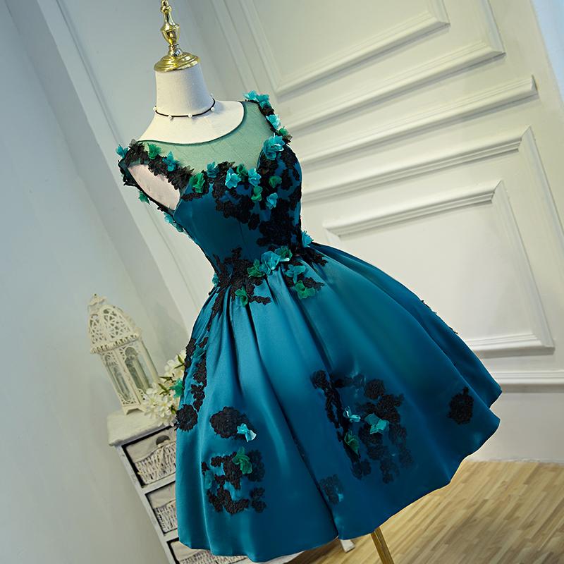 A Line Flower Appliques Round Neck Homecoming Dresses, Blue Short Prom Dress DMN71