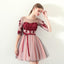 A Line Red Flowers Half Sleeves Homecoming Dresses, Short Appliques Prom Dress DMN61