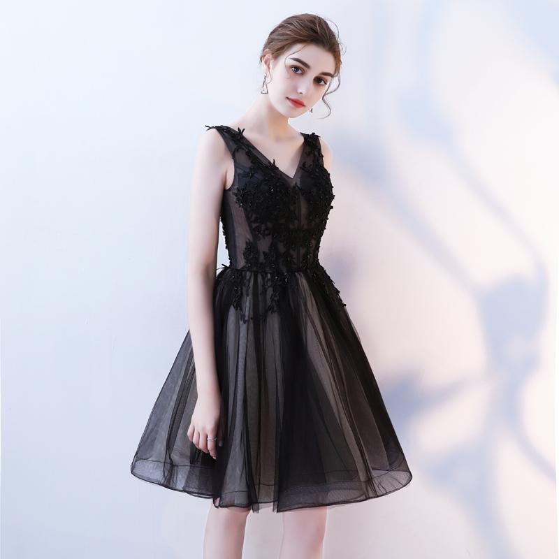 A Line V Neck Black Homecoming Dresses, Short Tulle Appliques Prom Dress DMN63