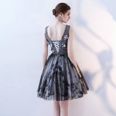 V Neck A Line Flowers Homecoming Dresses, Short Grey Prom Dress DMN60