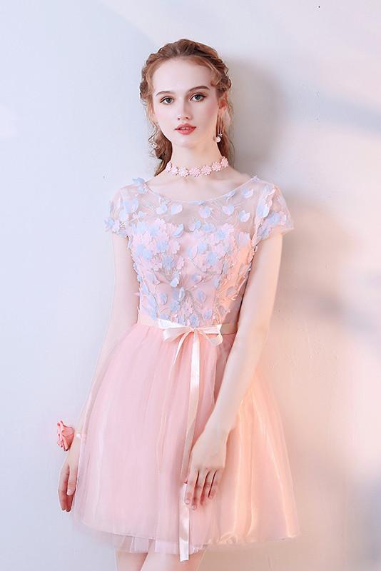 Pink A Line Tulle Cap Sleeves Short Homecoming Dresses With Flowers OKC59