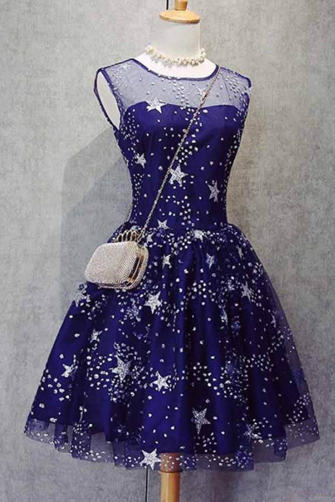 A Line Knee Length Beading Royal Blue Homecoming Dresses,Short Party Dresses,Bling Prom Dresses Cocktail Dresses Graduation Dresses