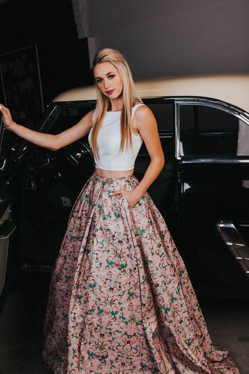 Two Piece Dress Set Formal Two Piece Peach Floral Prints Pocket Prom Dresses ,PD00125 AlineBridal Two Piece Dress Set Formal Two Piece Peach Floral Prints Pocket Prom Dresses ,PD00125 AlineBridal