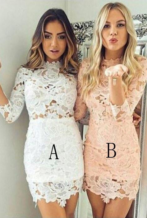 Sexy Sheath Lace 3/4 Sleeves Scalloped Neck Pink Homecoming/Cocktail Dresses DM326