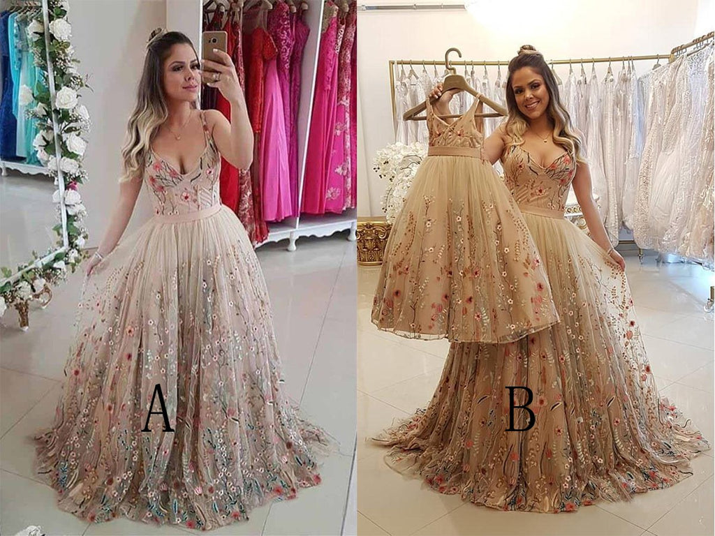 Spaghetti Strap A Line Floral Embroidery Prom Dresses Long Formal Party Dress DMH48