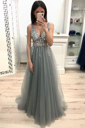 New A Line V Neck Grey Prom Dresses, Beaded Sequins Prom Dress DMK22