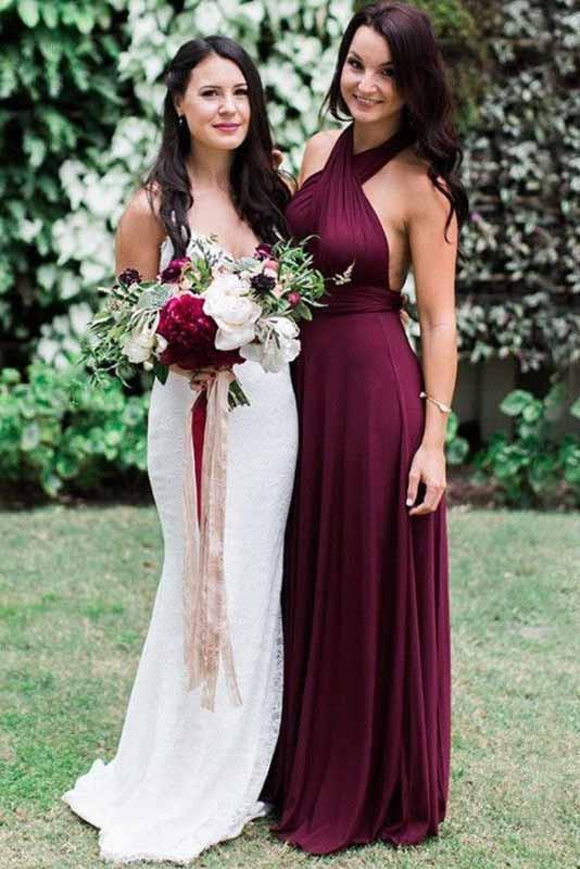 Fashion Burgundy A-Line Halter Backless Chiffon Bridesmaid Dresses with Sash DMD65