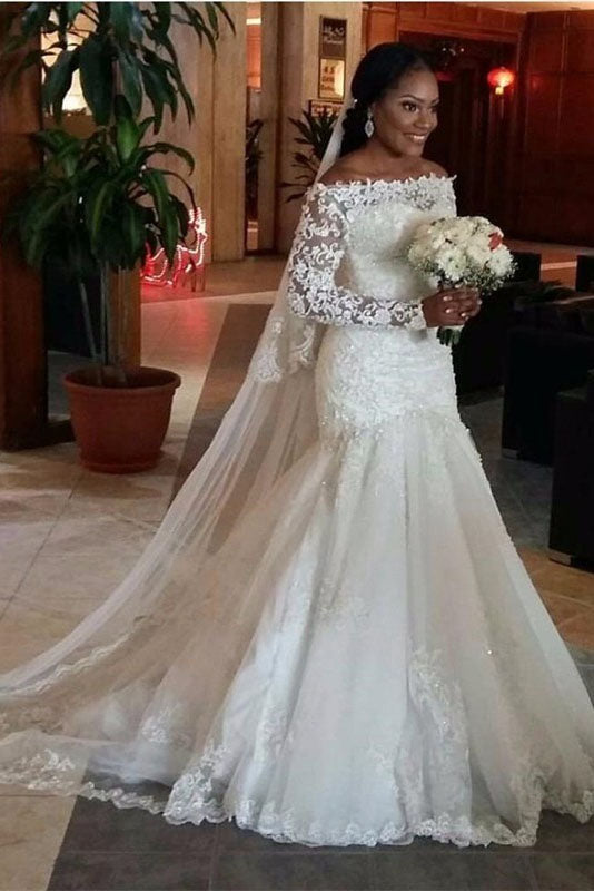 Mermaid Off-the-Shoulder Long Sleeves Lace Tulle Wedding Dresses DM1875