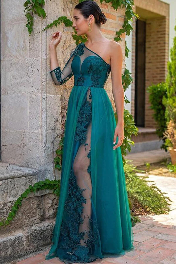 Teal Green A Line Tulle One Shoulder Floor Length Prom Dresses, Formal Evening Gown DMP214