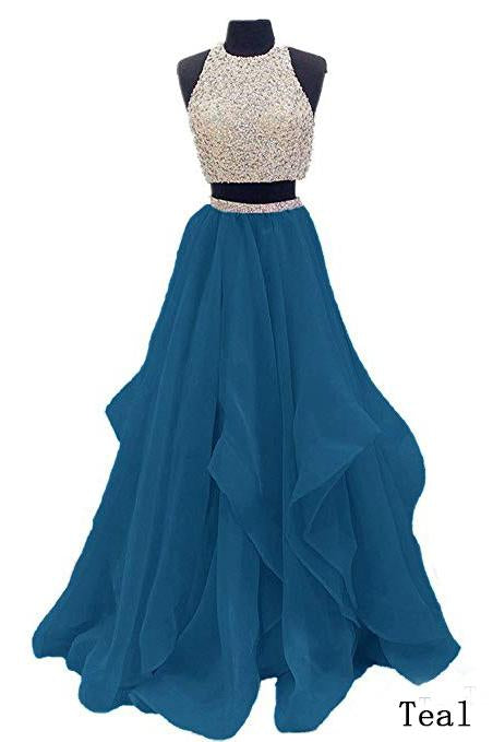 Two Piece Floor Length Burgundy Prom Dress Beaded Open Back Evening Gown DM603