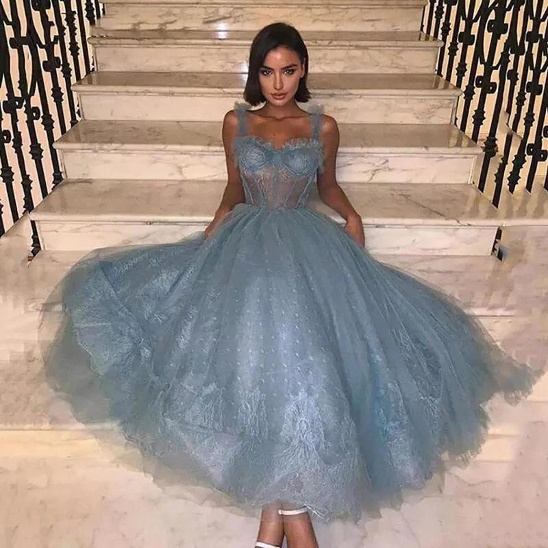 Elegant Grey Blue A Line Prom Dress Tea Length Corset Top Sweetheart P Demodresses Elegant Grey Blue A Line Prom Dress Tea Length Corset Top Sweetheart P Demodresses