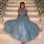 Elegant Grey Blue A Line Prom Dress Tea Length Corset Top Sweetheart Party Gowns DM1020