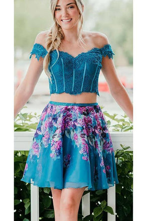 Two Piece Turquoise Off Shoulder Beading Floral Homecoming Dresses DMM33