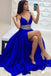 Two Pieces V Neck A Line Royal Blue Long Prom Dresses with Beaded Belt DM2001