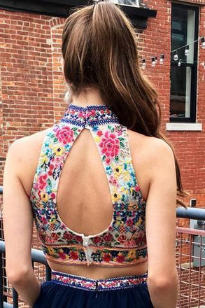 Navy Blue Two Piece Embroidery High Neck Open Back Tulle Homecoming Dresses DMM28