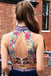 Navy Blue Two Piece Embroidery High Neck Open Back Tulle Homecoming Dresses DMM28
