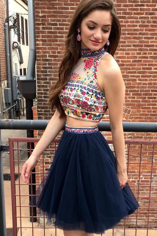 Navy Blue Two Piece Embroidery High Neck Open Back Tulle Homecoming Dresses DMM28