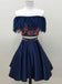 Two Piece Off the Shoulder Floral Satin Dark Blue Homecoming Dresses DME8