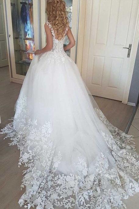 Ball Gown Tulle Wedding Dresses 2019, Romantic Bridal Dress With Appliques DMF57