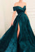 Dark Green A-line Cap Sleeves Prom Dresses, Long Evening Dress with Slit DMP042