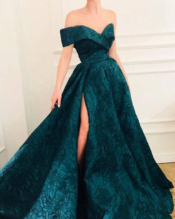 Dark Green A-line Cap Sleeves Prom Dresses, Long Evening Dress with Slit DMP042