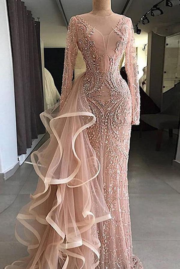 Chic Pink Sheath Long Sleeve Beading Ruffles Tulle Prom Dress DME29