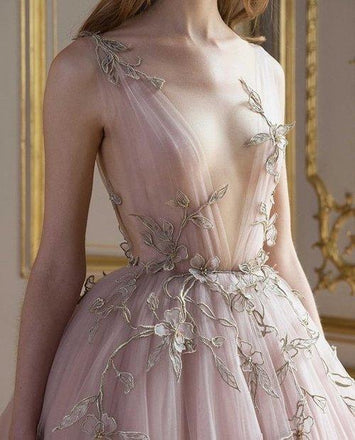 Chic A Line Lace Deep V Neck Appliques Long Prom Dress DMD55