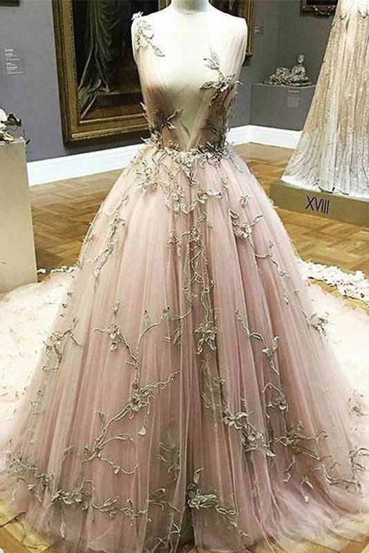 Chic A Line Lace Deep V Neck Appliques Long Prom Dress DMD55