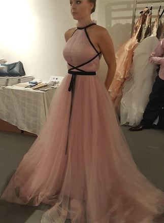 Chic Pink Tulle A Line Cheap Long Prom Dress,Evening Dresses DME17