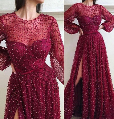 Cheap A Line Burgundy Long Sleeve Vintage Split Prom Dress DME95
