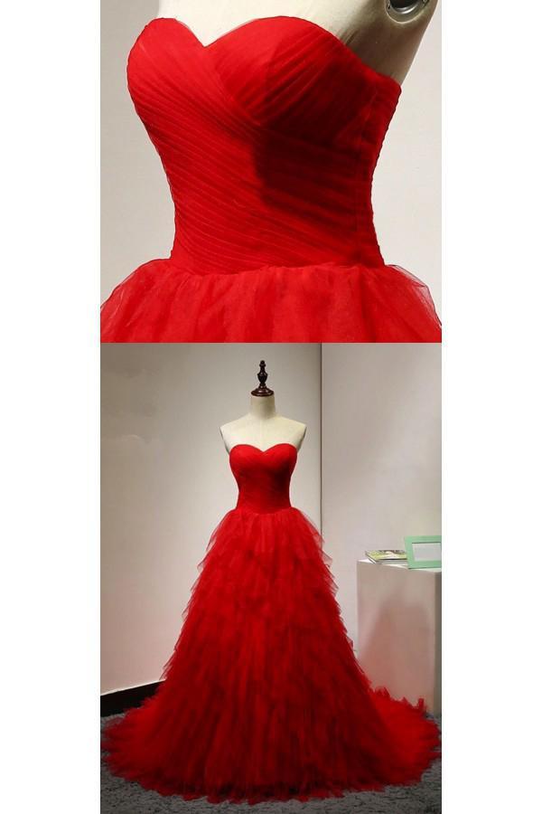 Chic Sweetheart A Line Zipper Back Red Ruffles Cheap Long Prom Dress DMG22