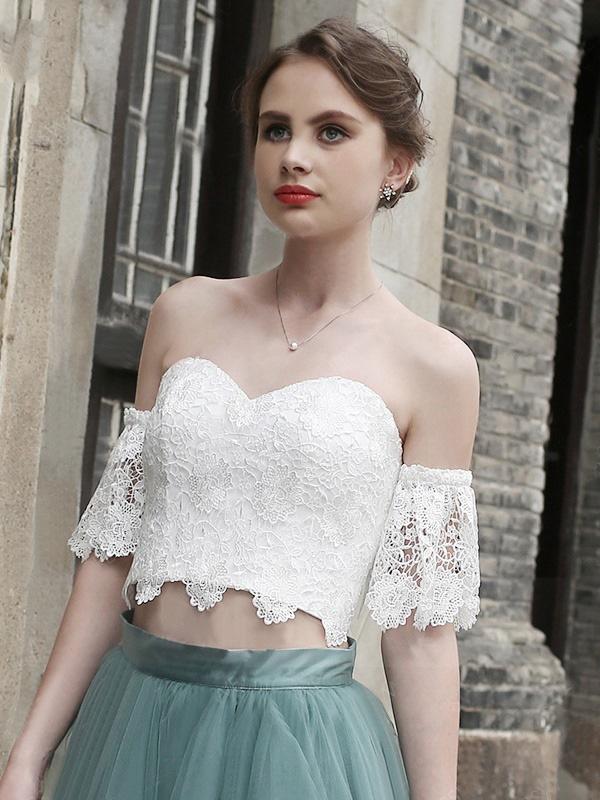 A-line White Lace Off Shoulder Two Pieces Homecoming Dress,Elegant Tulle Short Prom Dress DM392