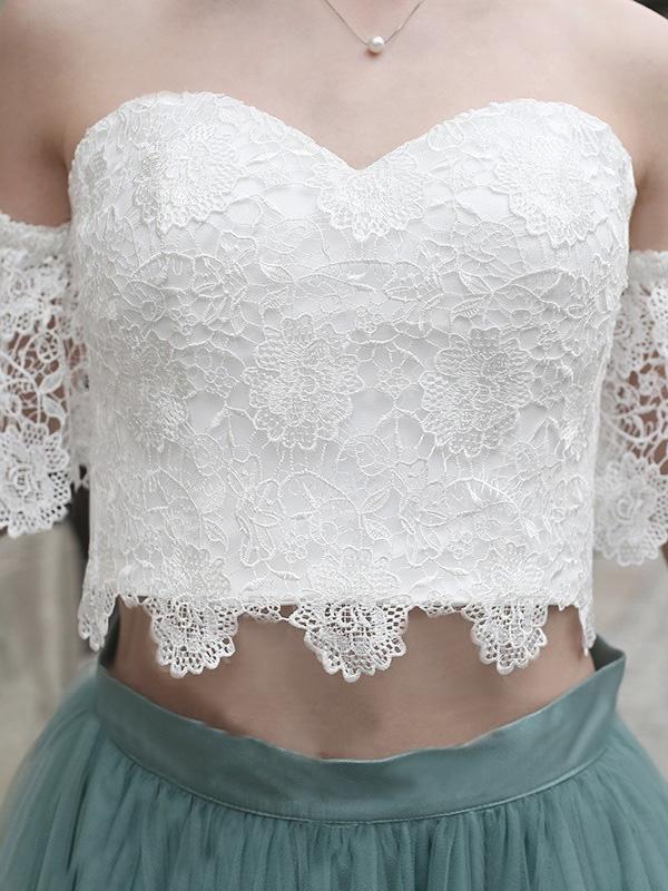 A-line White Lace Off Shoulder Two Pieces Homecoming Dress,Elegant Tulle Short Prom Dress DM392