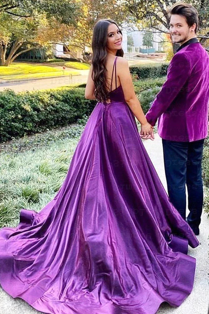 V Neck Backless Purple AQ Line Satin Long Prom Dress with High Slit DM1966