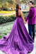 V Neck Backless Purple AQ Line Satin Long Prom Dress with High Slit DM1966